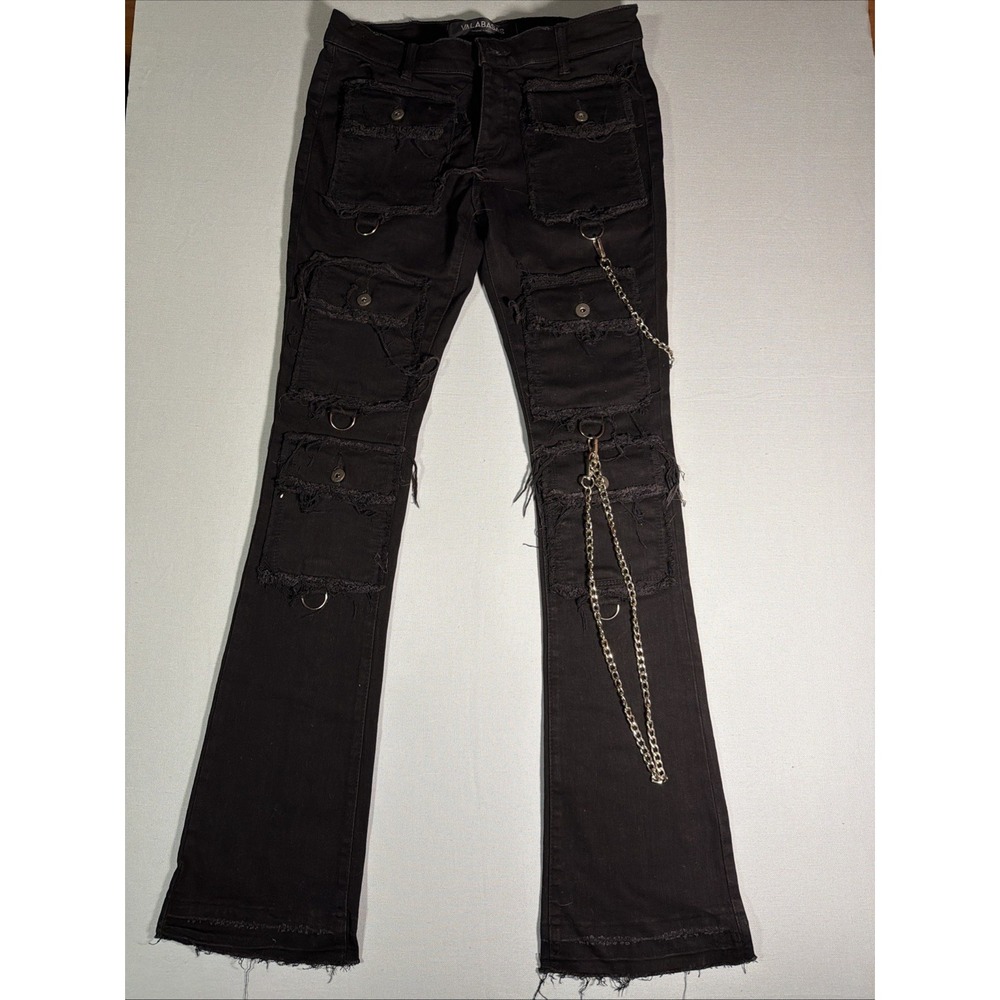Valabasas Jeans Mens Stacked Button Fly Distressed Size 32 ringed Black